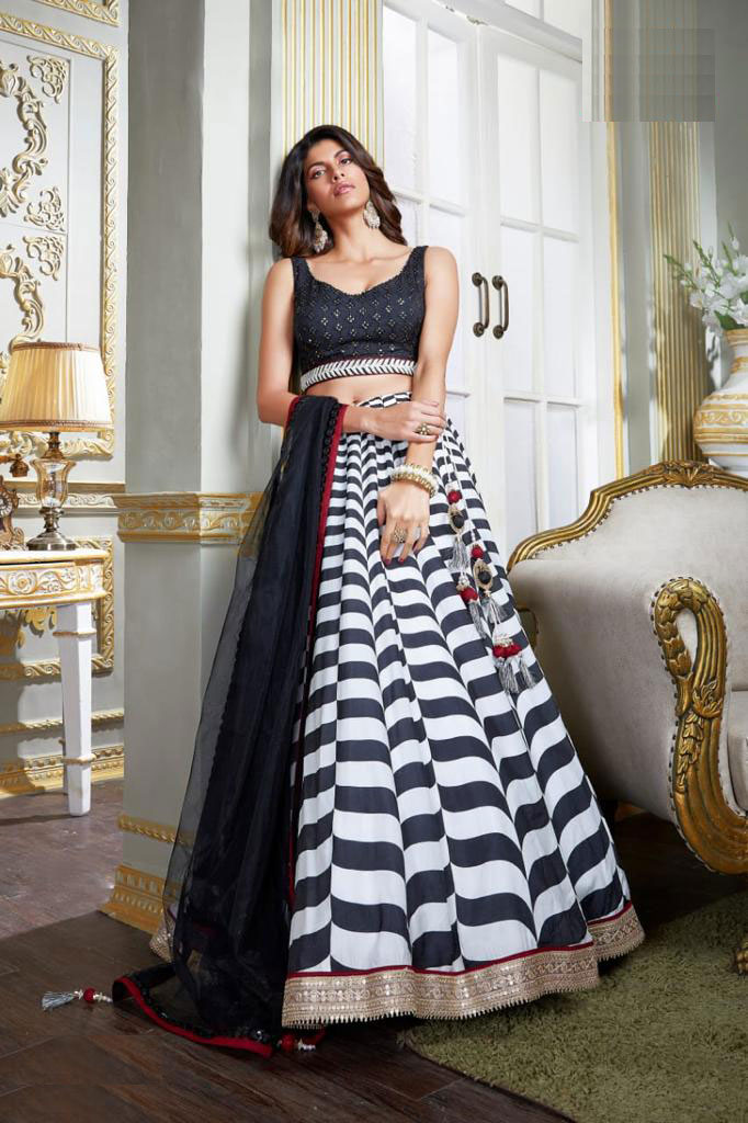 Buy Fancy Black and Off White Lehenga Choli Online : Singapore - Lehenga